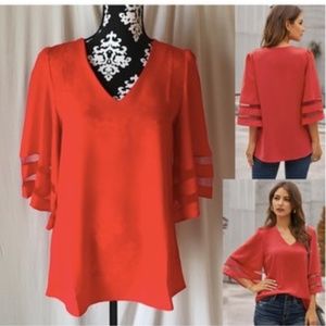 Red Bell Sleeve Tunic Swing Blouse Contrast Mesh Panels on Sleeves, NWOT, Small